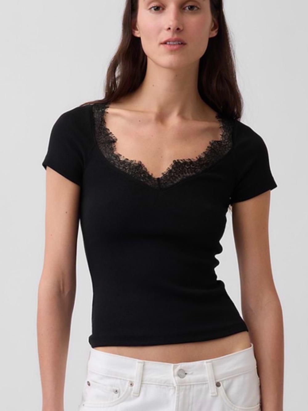 GAP Black Lace-Trim Short Sleeve Sleep Top